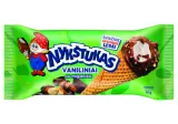 Vanilla cream ice cream NYKŠTUKAS in a waffle cone with milk chocolate glaze and almonds, 90 g